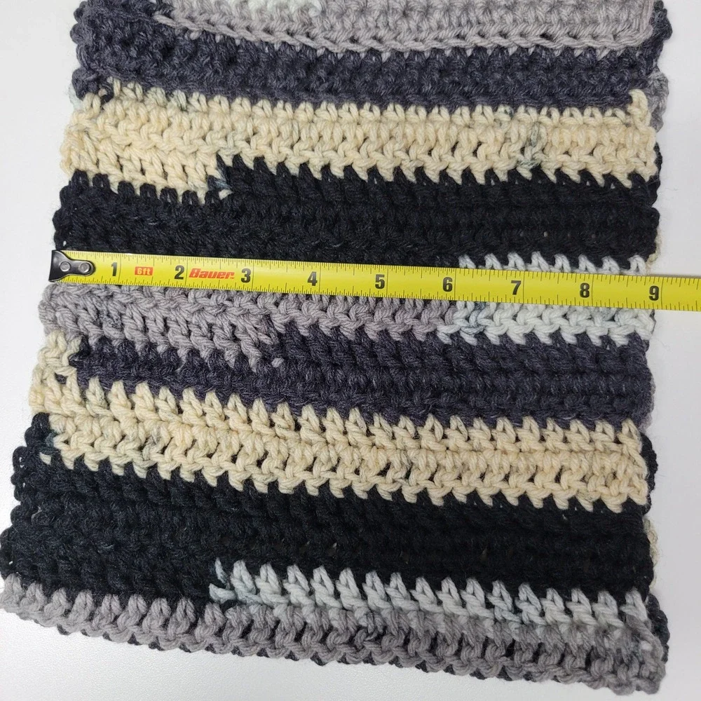 Chunky Crochet Infinity Scarf Black Cream Gray Stripes Warm Winter‎ Loop
